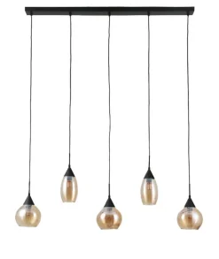 Hanglamp zwart amber glas 5-lichts - Lungo