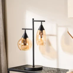 Tafellamp zwart amber glas 2-lichts - Lungo